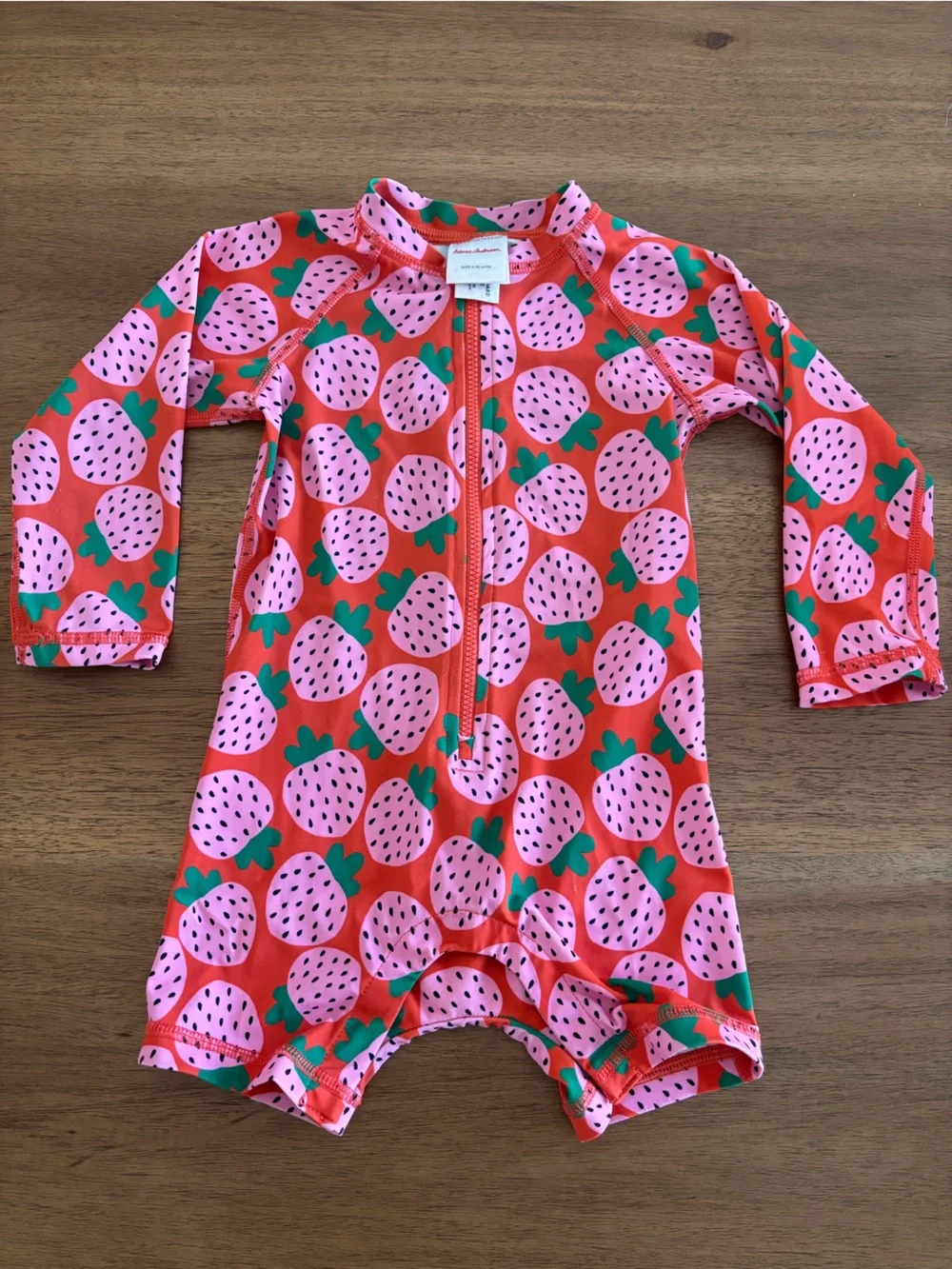 Hanna Andersson Pink Strawberry Print Rash Guard One-Piece Swimsuit 18-24M